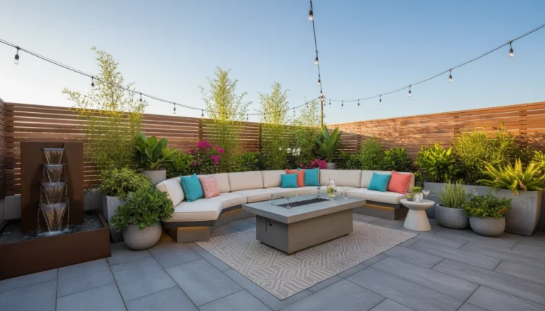 Modern outdoor living space with comfortable seating and lush plants