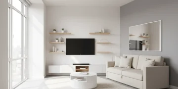 Modern minimalist living room with space-saving furniture and bright decor