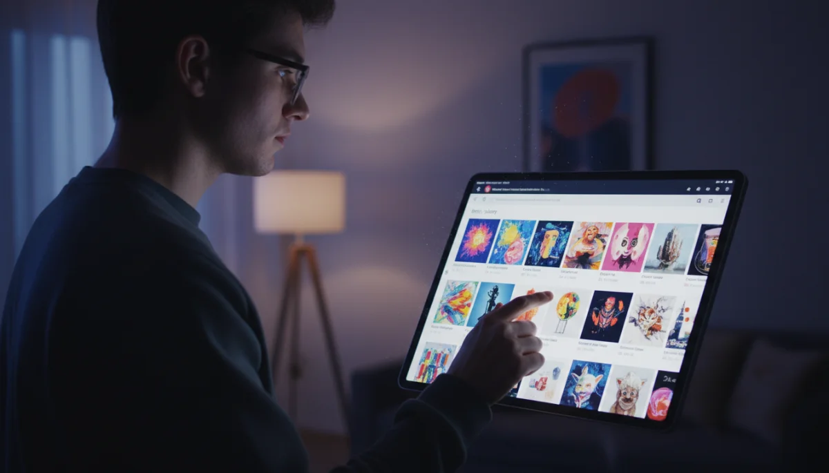 Person browsing online art gallery on tablet