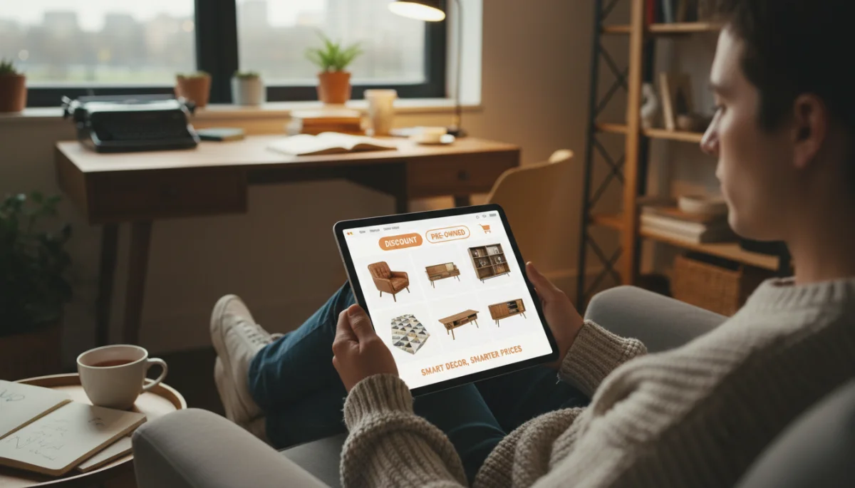 Person online shopping for discounted home furnishings, practicing cost-effective decorating