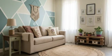 Refreshed living room with budget-friendly DIY decor, including painted walls and refurbished furniture.