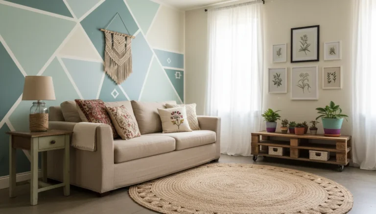 Refreshed living room with budget-friendly DIY decor, including painted walls and refurbished furniture.