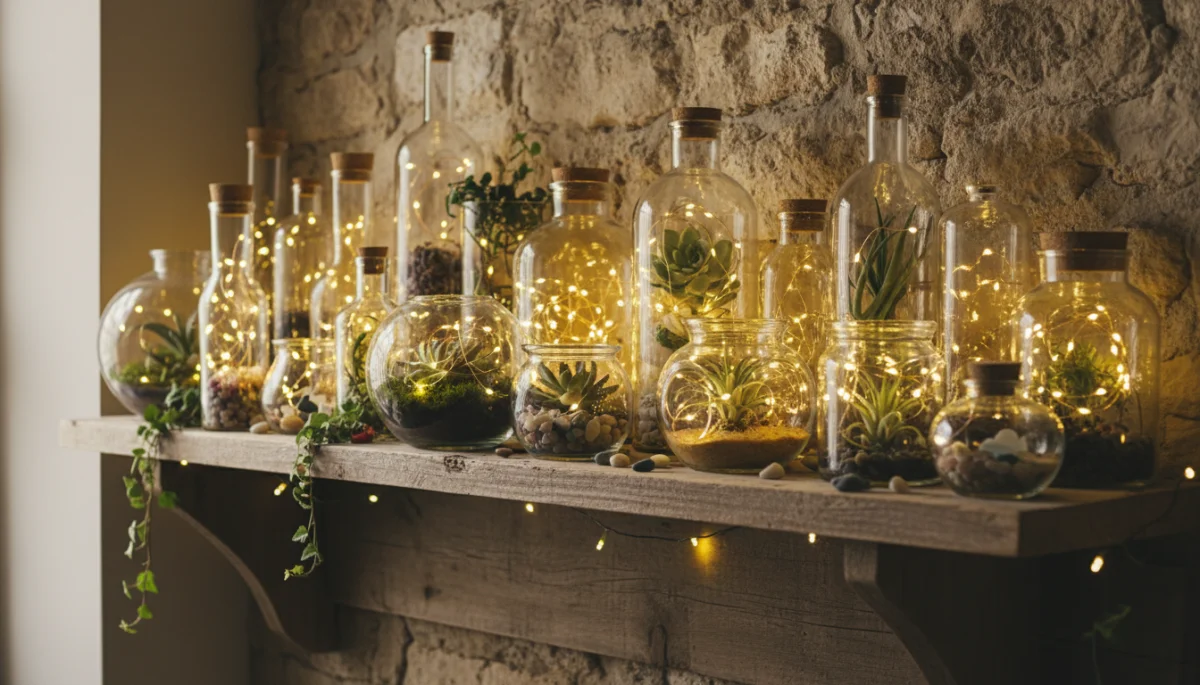 Repurposed glass jars and bottles as decorative storage on a shelf.