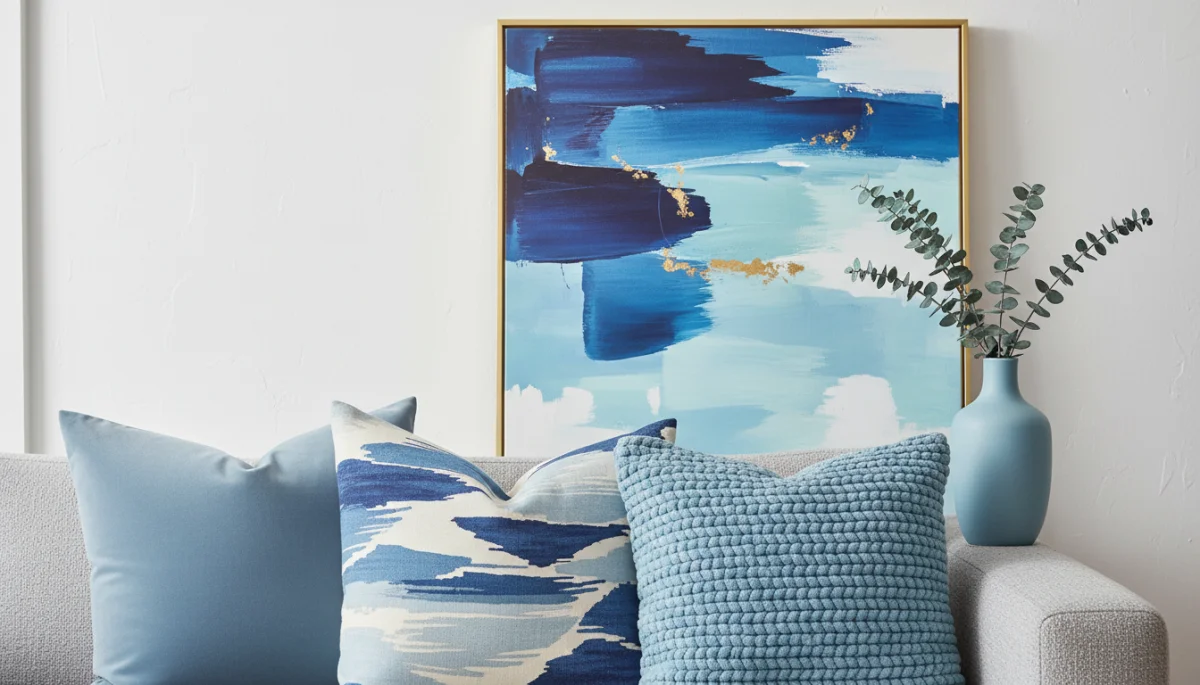 Serene blue decor accents in a contemporary interior, including pillows and a vase.