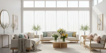 Bright living room with spring decor, pastel accents, and fresh flowers.