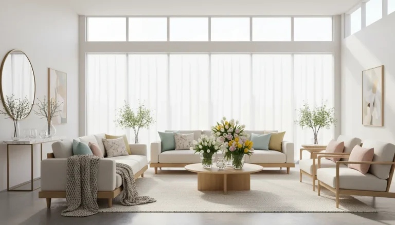 Bright living room with spring decor, pastel accents, and fresh flowers.