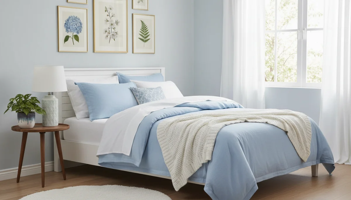 Serene spring bedroom with light blue linens and botanical wall art.