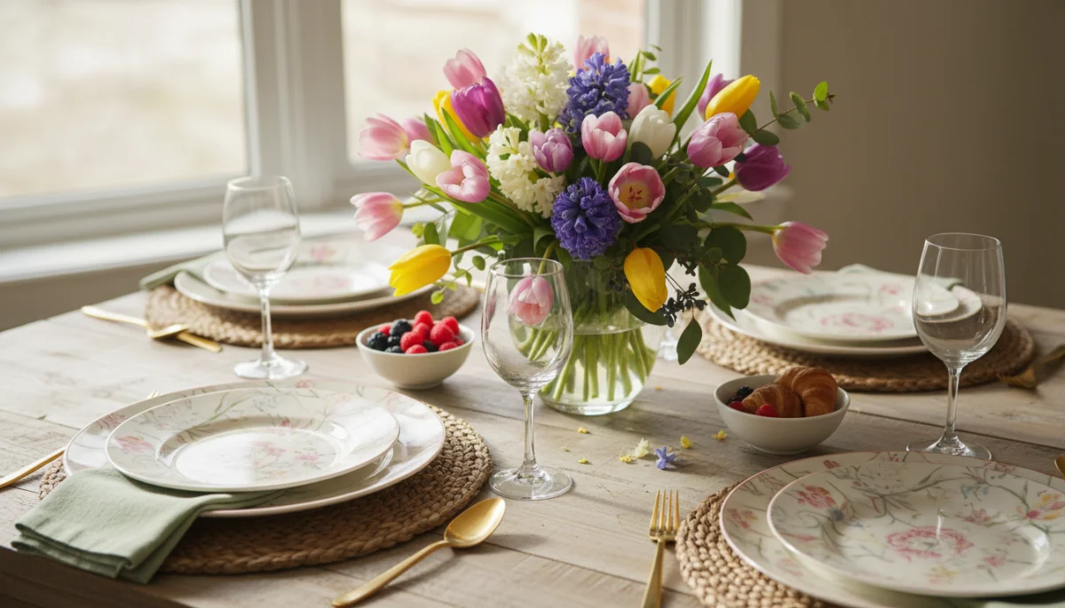 Dining table set for spring brunch with floral plates and tulip centerpiece.