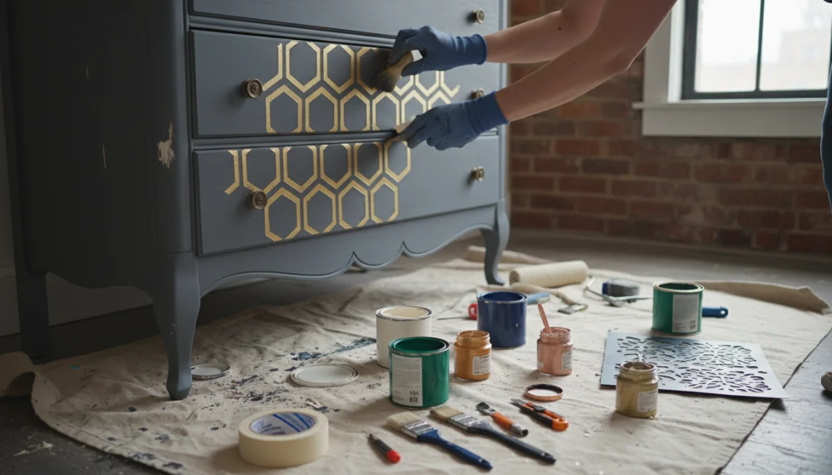Person stenciling a wooden dresser for a DIY home decor project.
