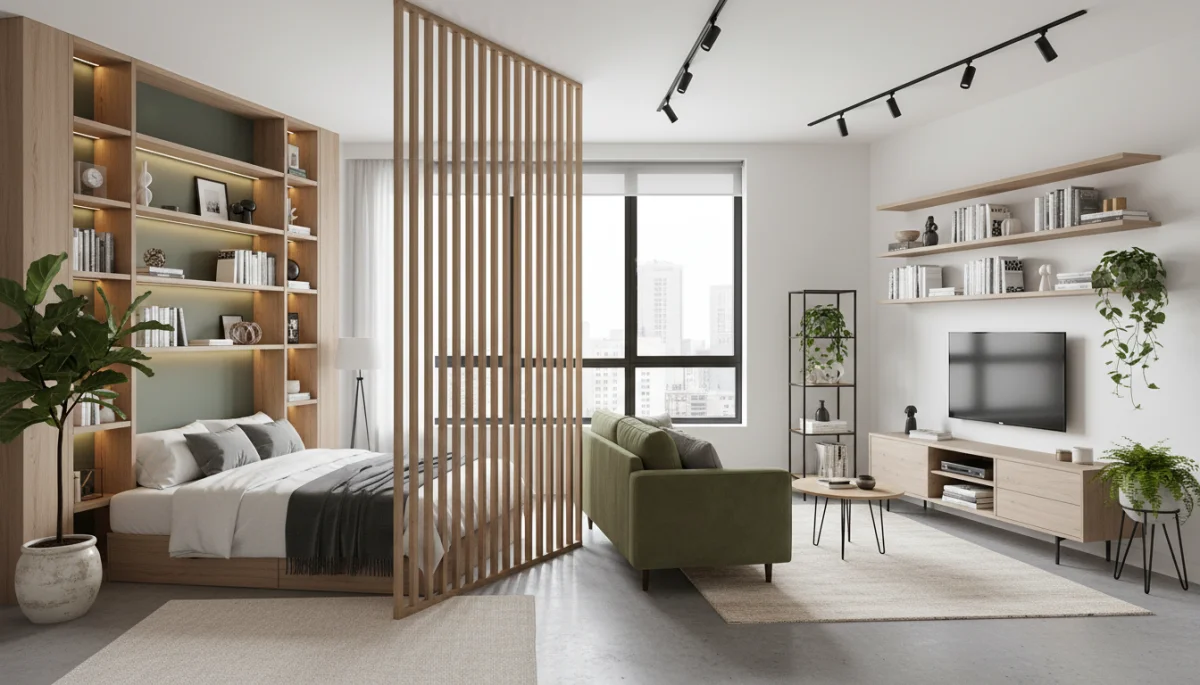 Chic studio apartment with clever room divider and vertical storage