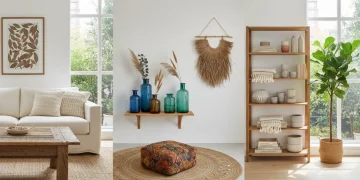 Sustainable home decor brands collage featuring reclaimed wood furniture, organic textiles, and recycled glass.