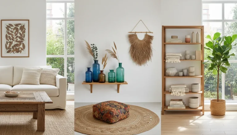 Sustainable home decor brands collage featuring reclaimed wood furniture, organic textiles, and recycled glass.