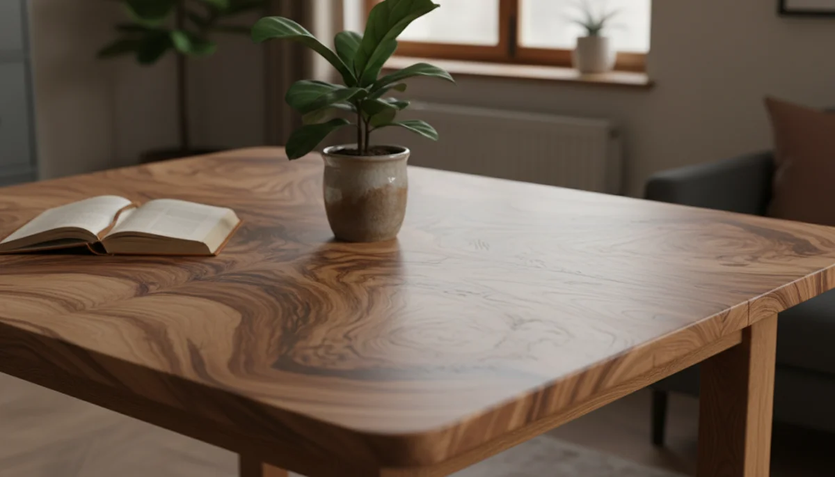 Detailed view of a durable, sustainably sourced wooden table with a natural finish.